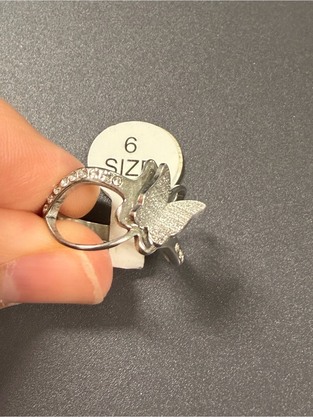 Silver Butterfly Crystal Accent Ring - Size 6